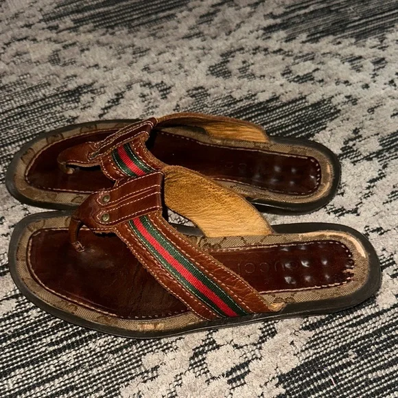Gucci Brown Leather Sandals with Green and Red Stripes - Picture 6 of 7